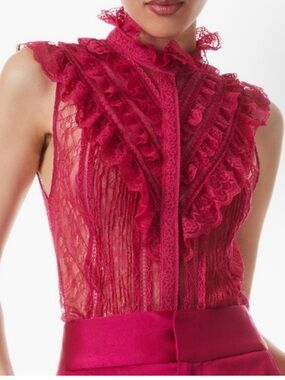 Alice + Olivia Rheba Red Lace Ruffle High-Neck Sleeveless Blouse